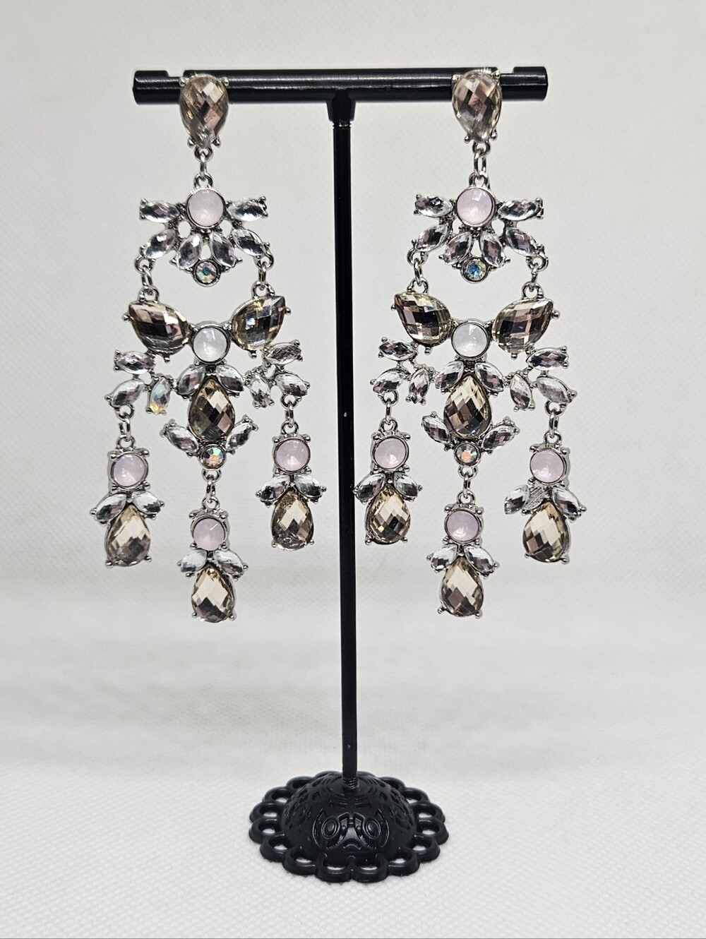 Silver Tone Champagne Pink Rhinestone Chandelier Statement Dangle Earrings